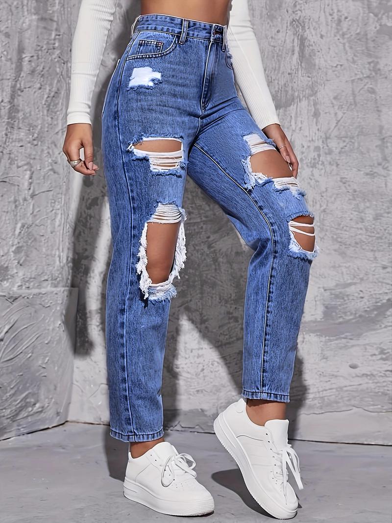 Product Introduction of American Retro Hole-punched Jeans Women High Waist Straight-crotch Loose Slim Design High-street Vibe Wide-legged Dragging Pants 6