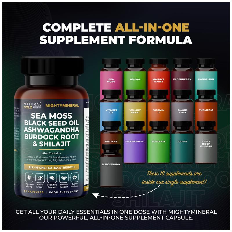 MightyMineral - Shilajit 4000MG, Sea Moss 8000MG, Ashwagandha 2000MG, Black Seed 3000MG, Burdock Root 2000MG | 5 IN 1 | ALL-IN-ONE | Optimum Healthcare Edible Dietary Natural Wellness & Fitness Supplement Highly Potent Capsules- Vegan 7