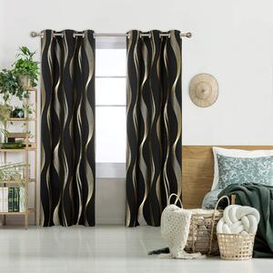 Deconovo Blackout Eyelet Curtains Thermal Insulated Gold Wave Line Foil Printed Curtains for Bedroom 2  Panels