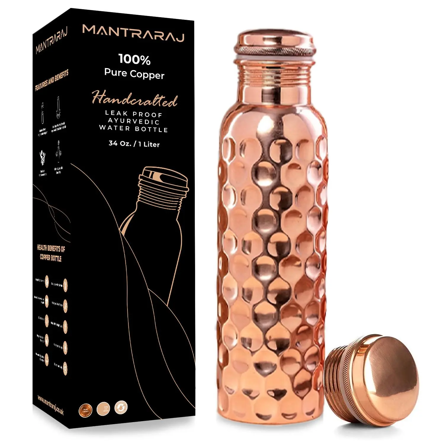 100% Pure Copper Water Bottle 1 Liter 34 Oz Leak Proof Perfect Ayurvedic Copper Vessel for Sports, Fitness, Yoga, Gym Natural Health Benefits Antique Sports Water Bottle (Hammer) Drinkware Plastic Carbon Cup Washable Reusable Bottled Portable