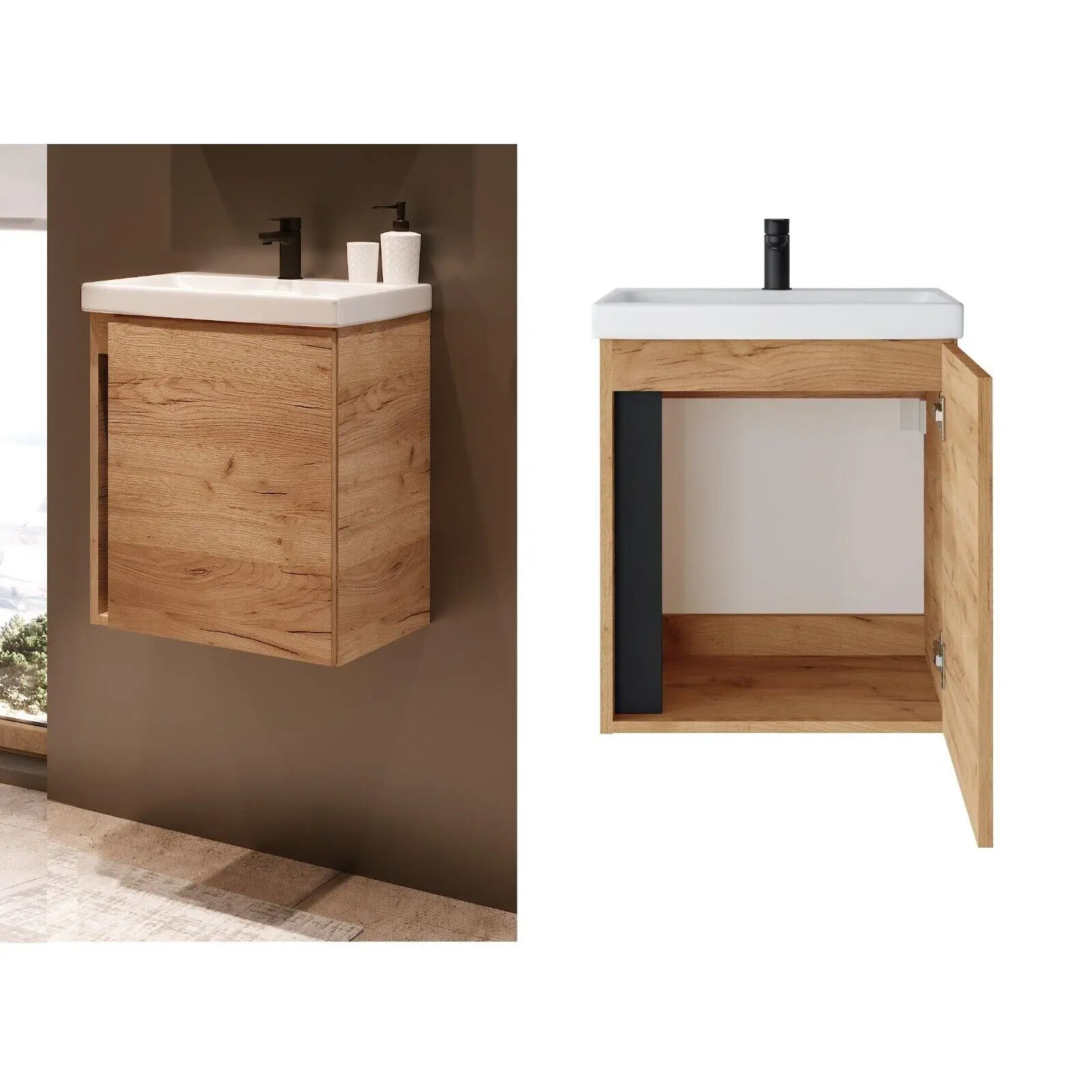 Bathroom Vanity Unit and Basin 500 Cloakroom Sink Wall Cabinet Oak Finish Avir