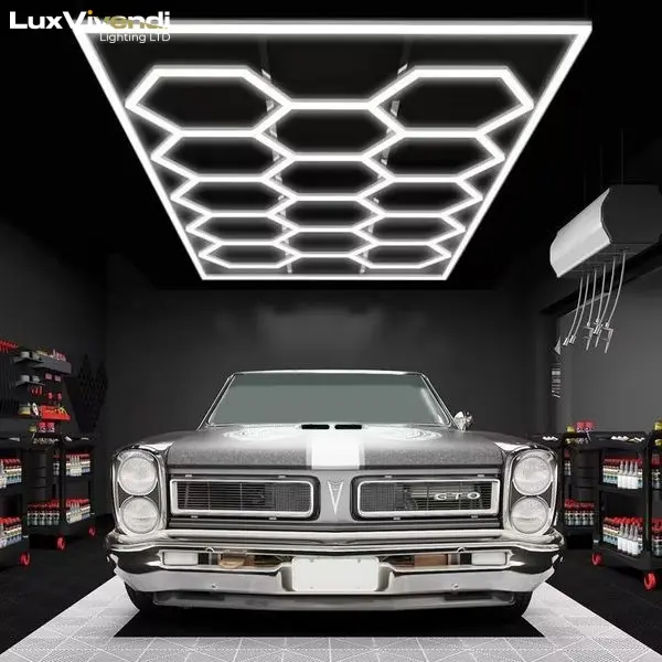 LuxVivend-Hexagon garage Light 6500K 680W 14grid Workshop Autoshop with White Border for Gym Garage Basement Warehouse Car Detailing Shop 8