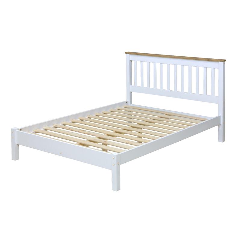 Solid Pine Double Bed Frame Arctic White Finish Antique Waxed Headboard 0