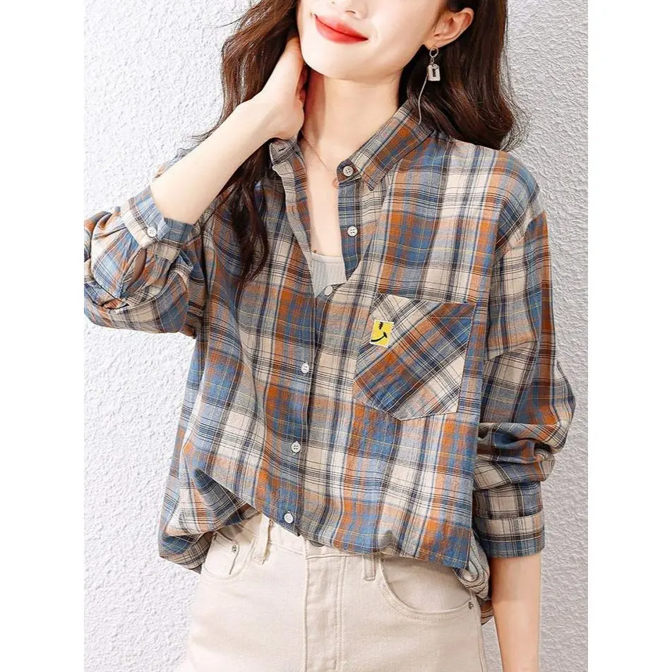 Plaid Pattern Button Front Shirt, Elegant Long Sleeve Lapel Collar Shirt, Women's Clothing Top Womenswear Blouse Underwear