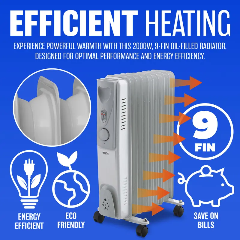 2000W 9 Fin Portable Oil Filled Radiator Heater Electric Adjustable Home Black 3