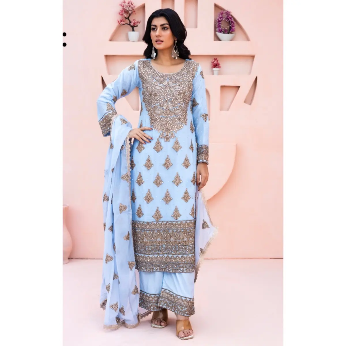 Doriya chiffon blue Fancy embroidered formal 3pc long shirt with plazo