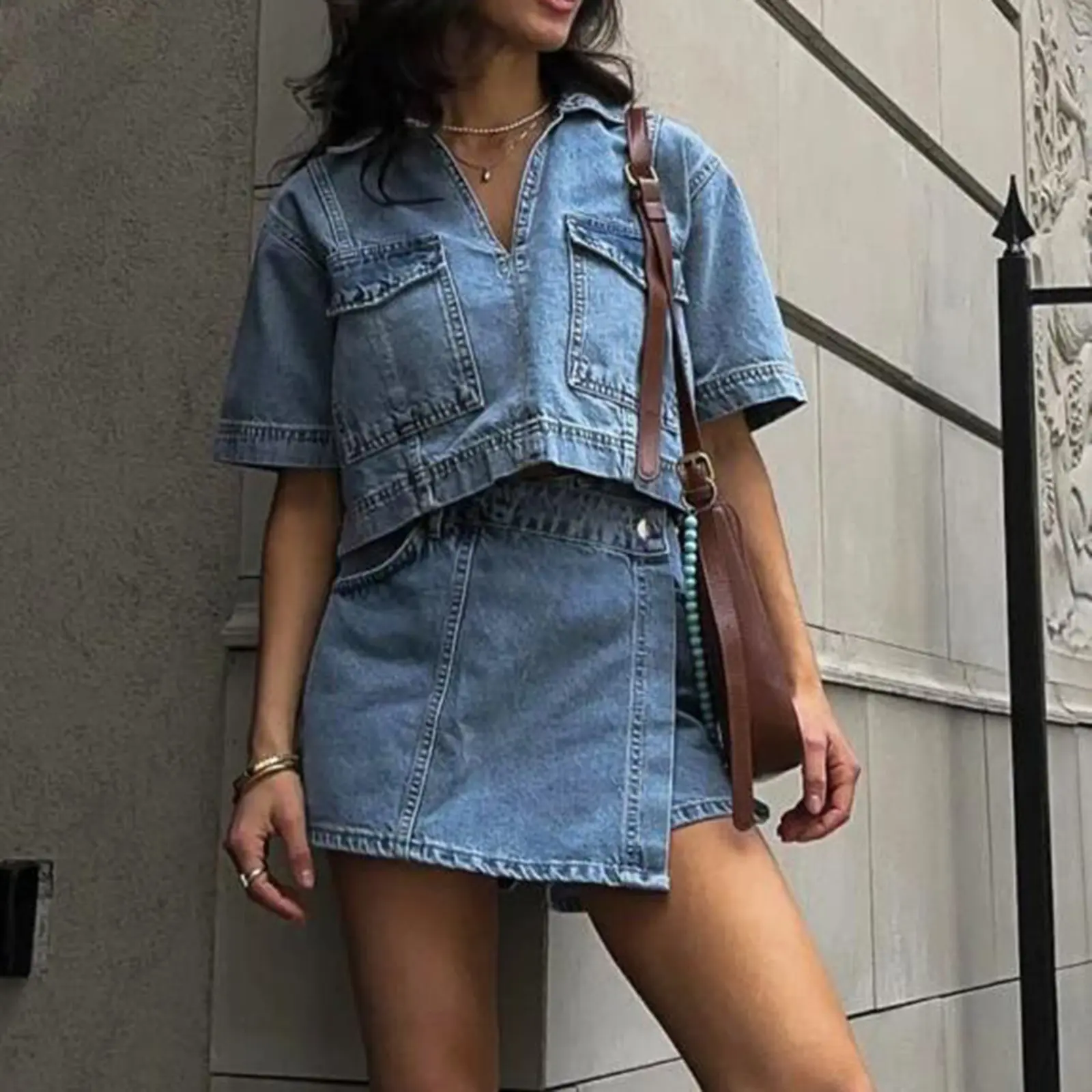 Chic Women Denim 2 Piece Set V Neck Short Sleeve Jean Tunic Tops Irregular Hem Mini Skirt Shorts Set Y2K Streetwear