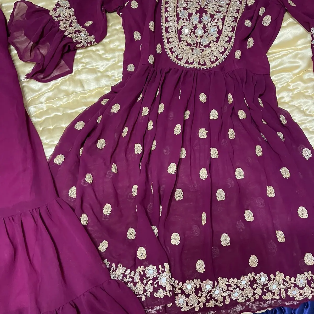 Magenta zari work suit with golden work