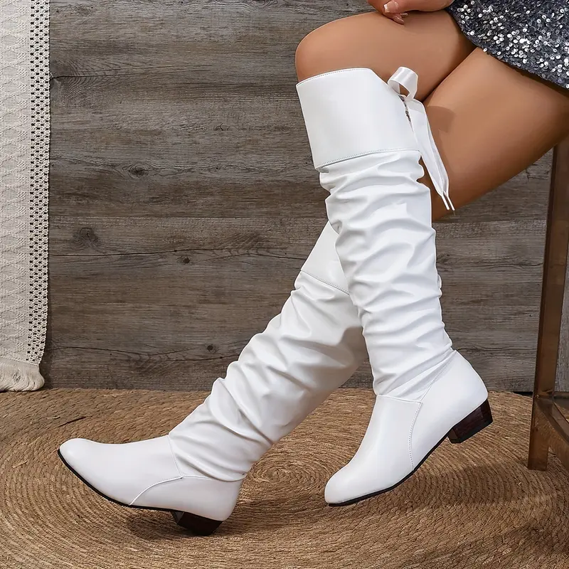 [Comfortable Boots] Elegant Women's Knee-High Boots with Bow Detail - Square Toe, Chunky Low Heel, Lace-Up, Faux Cover & Rubber Sole, Available in White, Black, Red 1