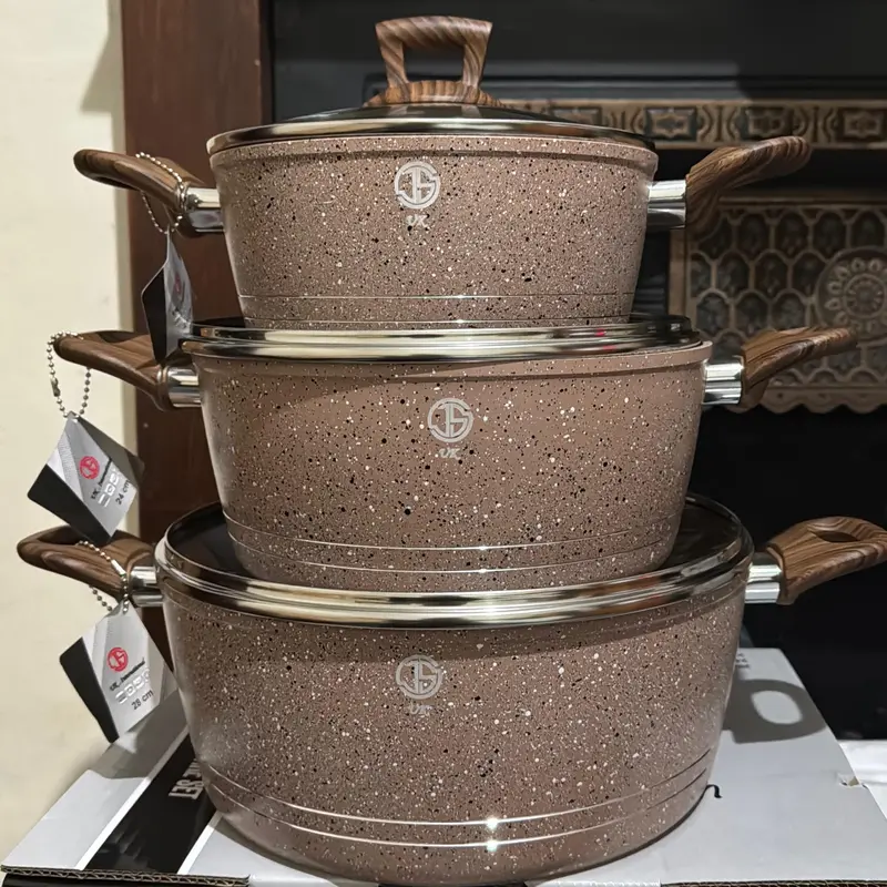 coffee colour 3pots in box packing nonstick induction wooden handle 0