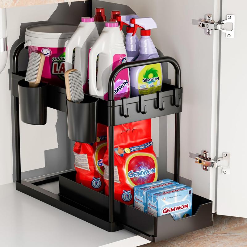 Under Sink Storage Kitchen Organiser, 2 Tier Sliding Kitchen Storage Shelf, Multi-Purpose Organisation for Kitchen Bathroom, Bottom Slide Out Basket Black - Racks Hanging Cabinet Drawer Installation Hangable Hanging Cabinet Multicolor 0