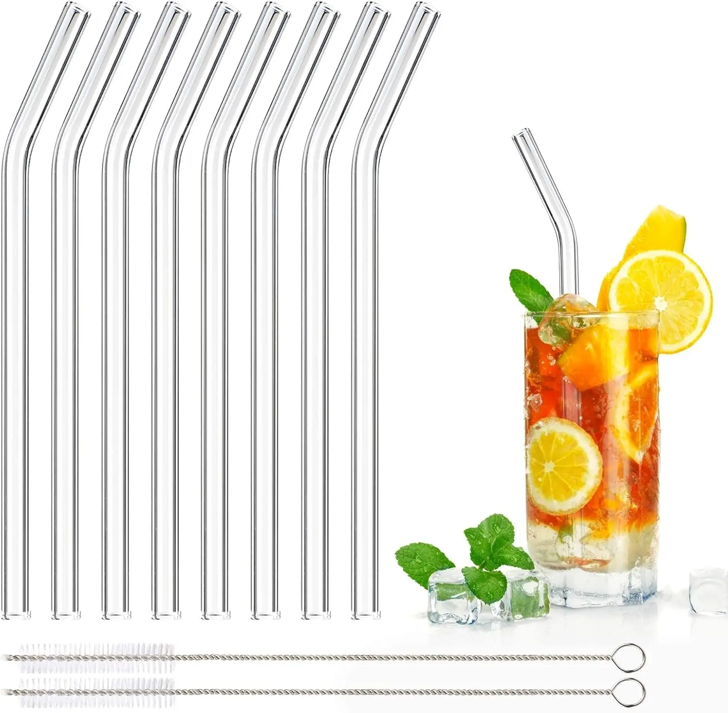 8 Pcs Glass Straws Reusable Glass Straw Drinking Straws with 20cm Length Eco Friendly with 2 Cleaning Brushes Transparent Clear Straws Perfect for Milk Coffee Coctail (Curved) Drinkware Plastic Set