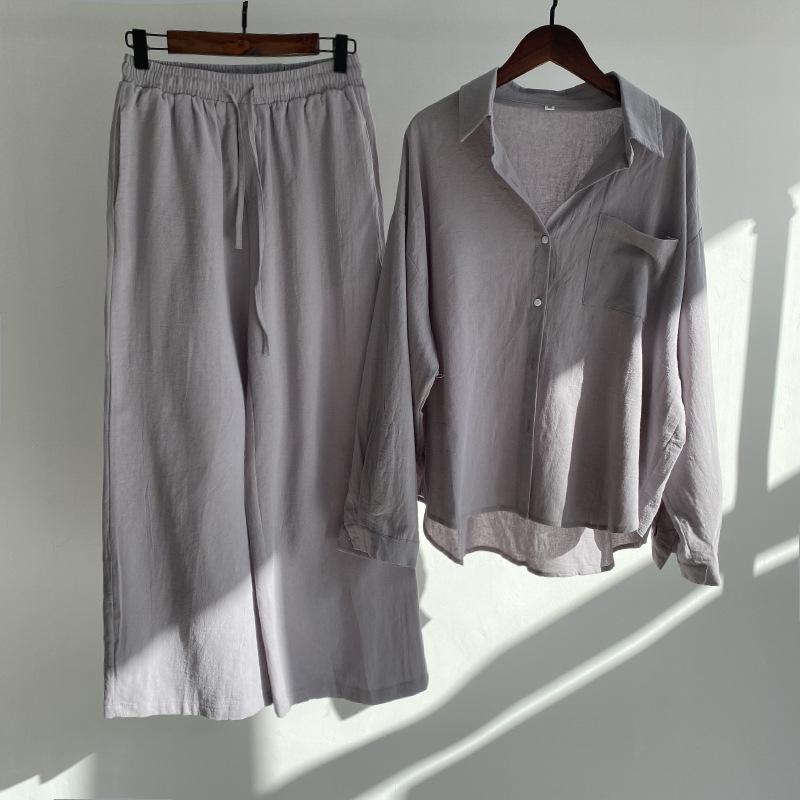 Autumn Women's Clothing 2025 New Fashionable Retro Cotton Linen Shirt High Waist Loose Long Sleeved Lace Up Pants Two-piece Set 8