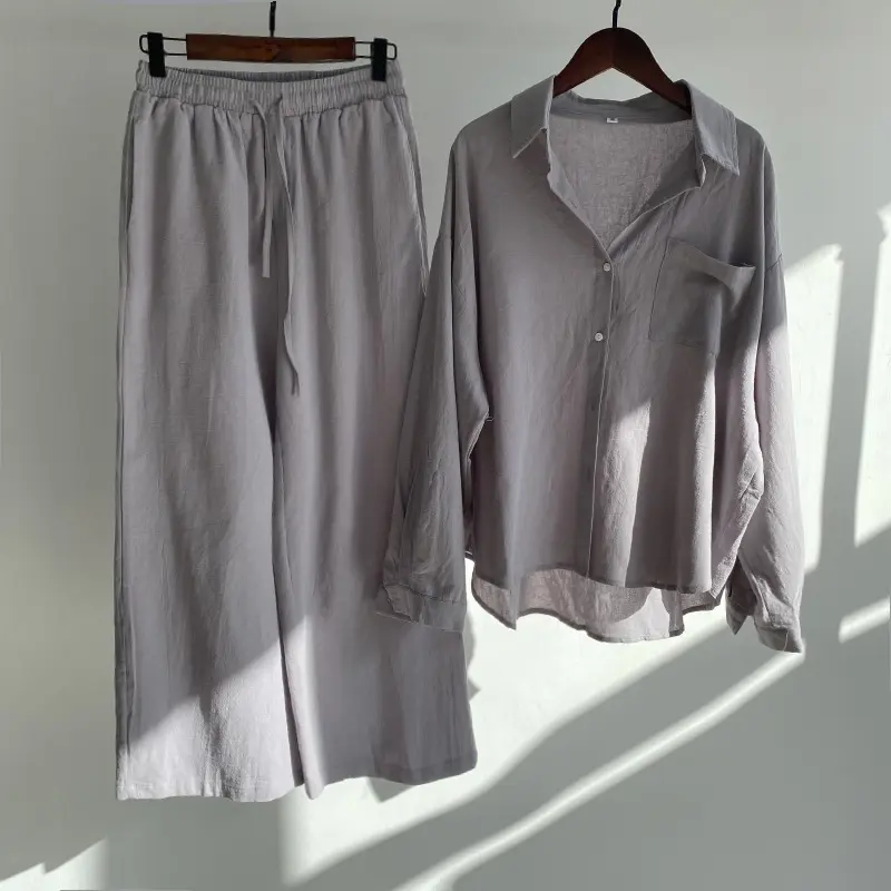 Autumn Women's Clothing 2025 New Fashionable Retro Cotton Linen Shirt High Waist Loose Long Sleeved Lace Up Pants Two-piece Set 7