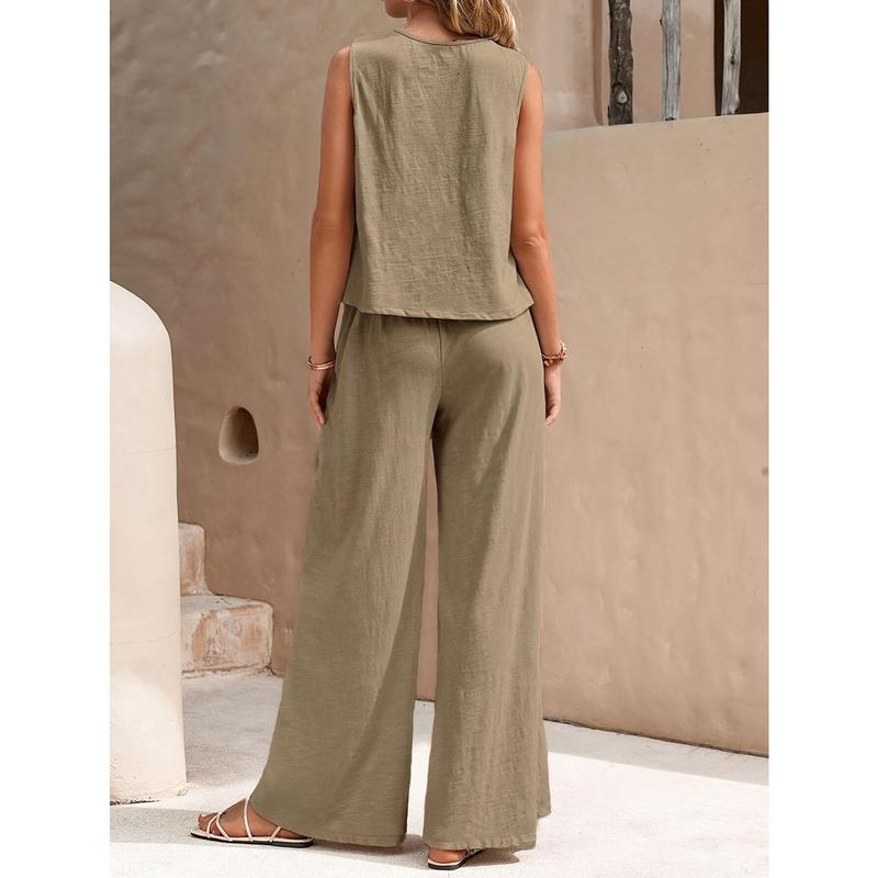 Solid Elegant Two-piece Set, Sleeveless Tank Top & Wide Leg Loose Pants Outfits, Women's Clothing 3