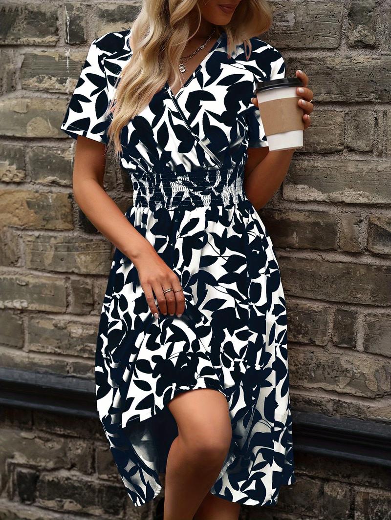 Product Introduction of Floral Wrap Neck Dress, Elegant Short Sleeve Dress For Spring & Summer, Women's Clothing 8