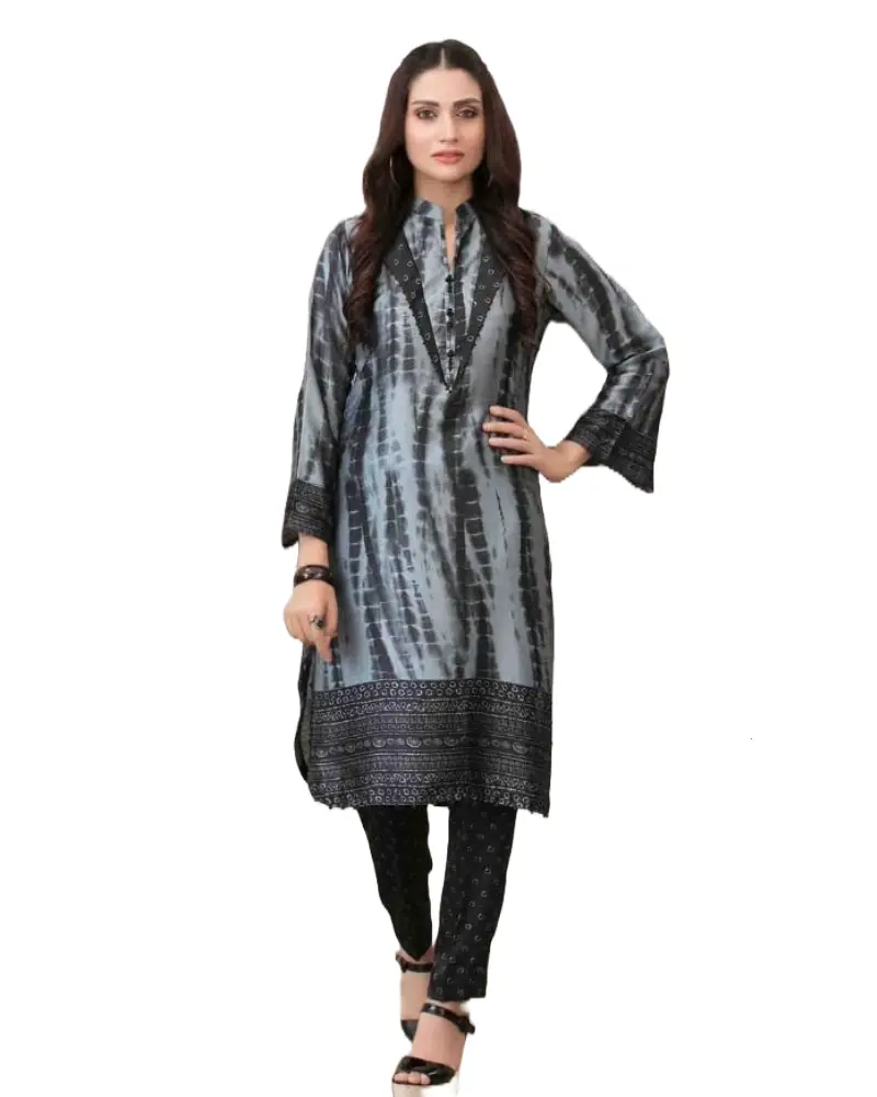 Tawakkal Ready-Made Casual Womenswear | 2Pc Grey & Black, Tie And Dye Collared Neck, Stylish Comfort Silk Dress With Long Sleeve
