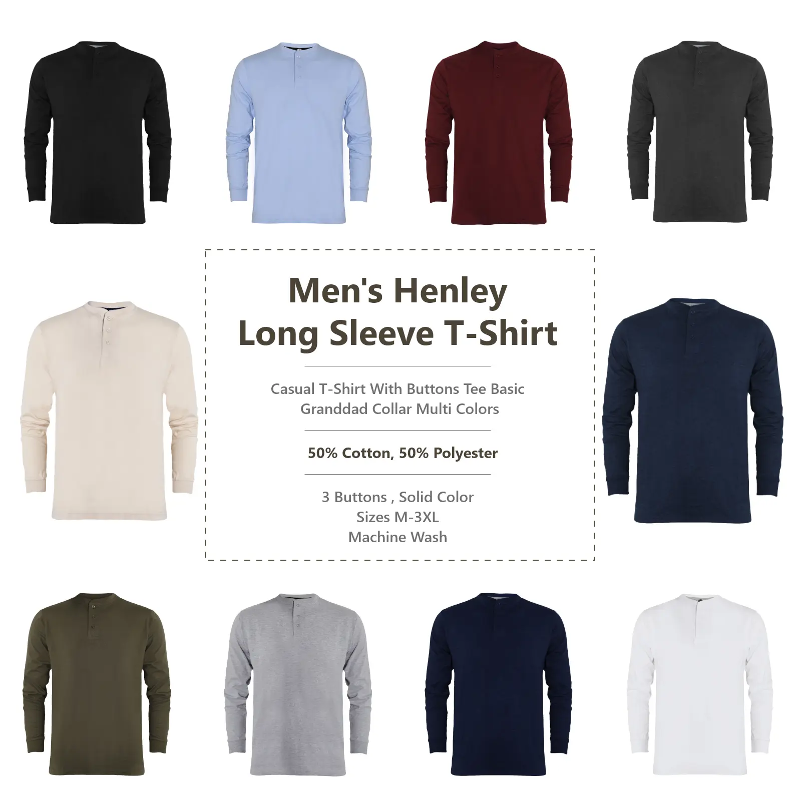Urbanfit Men's Long sleeves Henley T-Shirt  Single Jersey T-Shirt With Granddad Collar Buttons Tee Basic Tops Round Neck Grandad Collar Fabric Menswear Polyester Tshirt (2334) represent clothing Plain Streetwear Beige Casual Cotton
