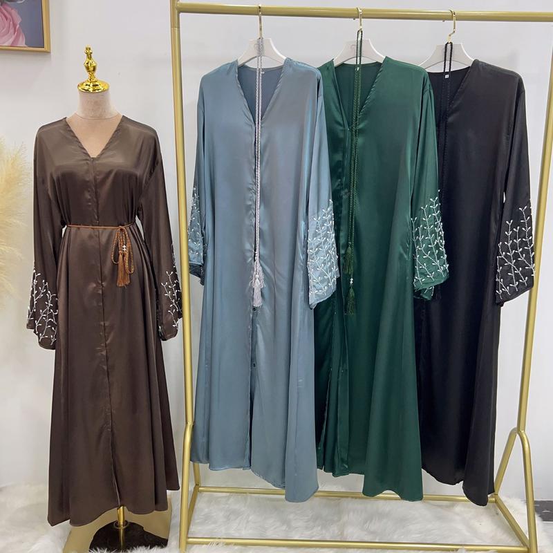 Product Introduction of HS1024 1pcs Satin Cardigan Handmade Beaded Dress Abaya 13