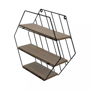 Metal and Wood Hexagon Wall Rack with Floating Shelves for Home or Office Display - Wooden Decor Room Decorative Mount 1-Layer Modern Design Durable Construction