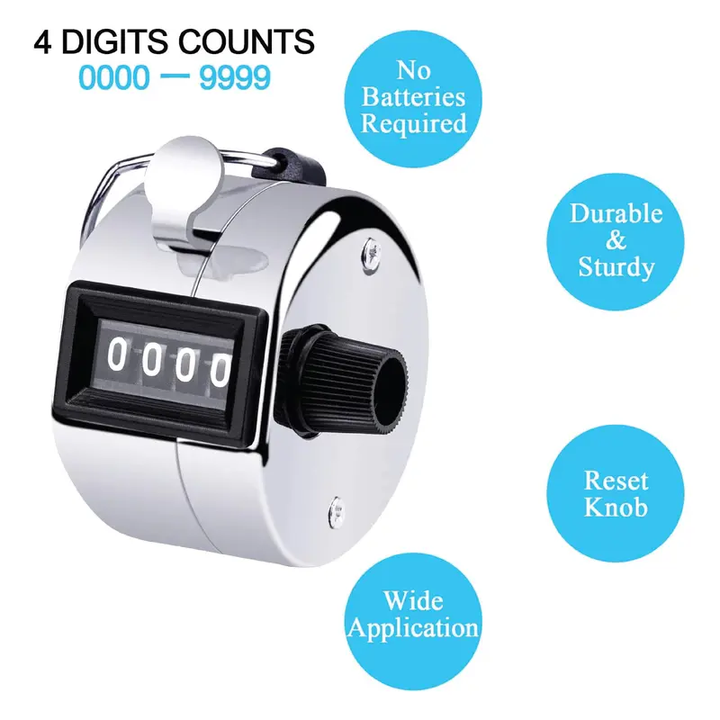 Hand Tally Counter with Metal Finger Ring Hoop Holder, 4-Digit Lap Trackers Counter Manual Clicker for Golf, Sport Stadium Coach Referees, Knitting, School Event 1