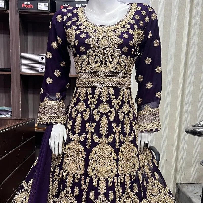 Heavy embroidered long maxi dress chiffon fabric 7