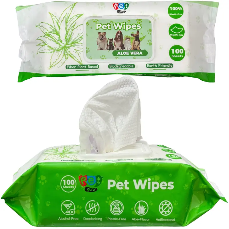 Pet Guru Dogs & Cats 100% Plastic Free Biodegradable Multi-Purpose Cleaning Pet Wipes Fiber Plant Based Alcohol Free Pet Dog Wipes 0