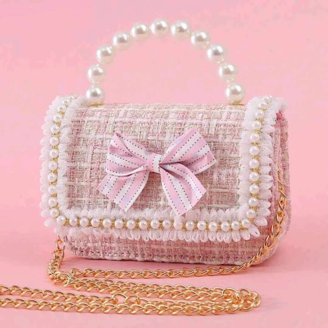 1pc Mini Girls' Cloth Shoulder Bag With Bowknot, Pearl Beads, Lace Edge And Metal Chain Strap, Cute Flap Closure Handbag Suitable For Daily Outing, Play And Festival, Snack Bag