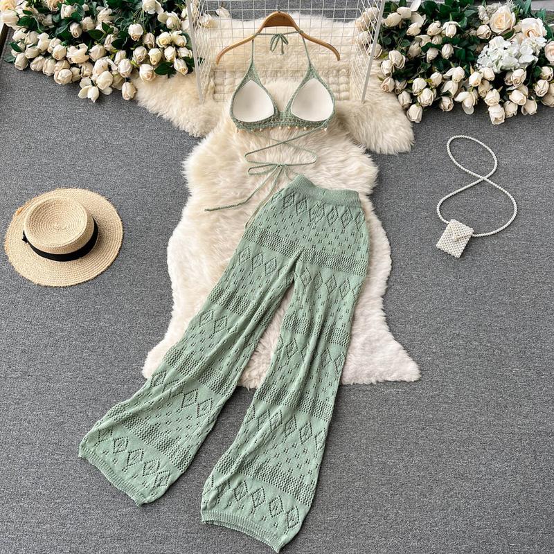 Product Introduction of SINGREINY Women Summer Knitted Set Halter Short Tops+ Hollow Wide Leg Long Pants Sets Shell Beach Sexy Backless Two Piece Suits 17