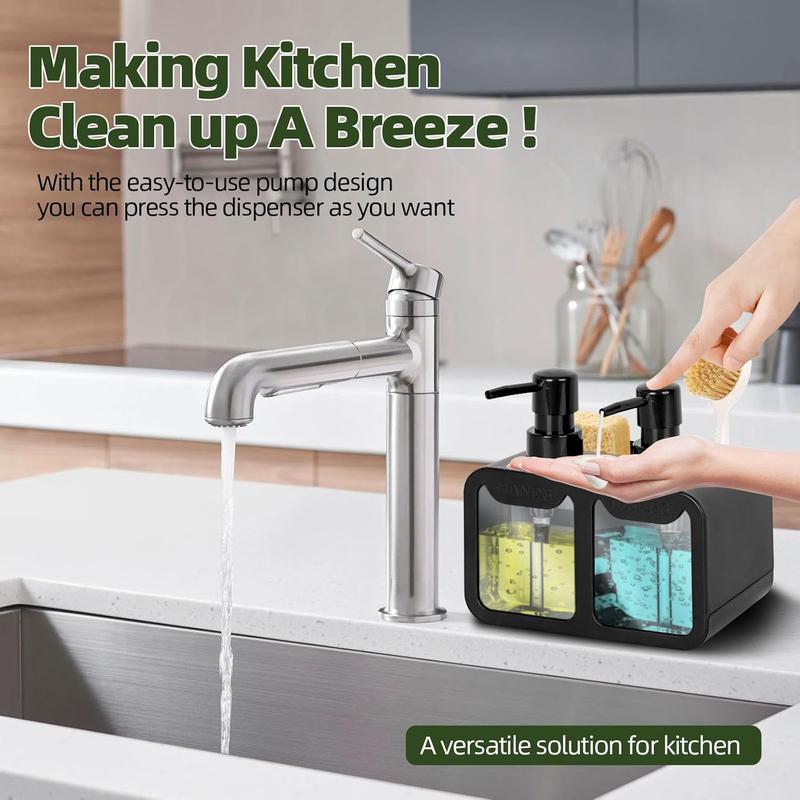 Kitchen Soap Dispenser,Hand and Dish Soap Dispenser and Spong Caddy with Brush Holder,3 in 1 Countertop Organizer for Kitchen Sink(Black) 1