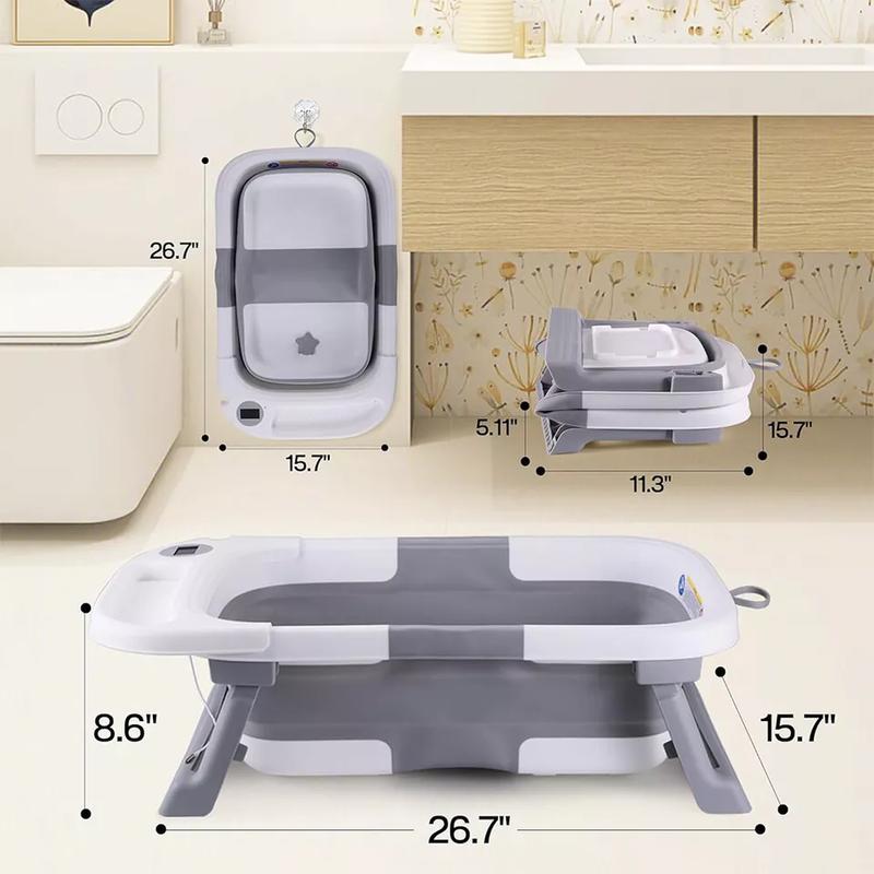 Foldable Baby Bath Tub Ergonomic with Temperature & Cushion Bath Pad + Bath Net 5