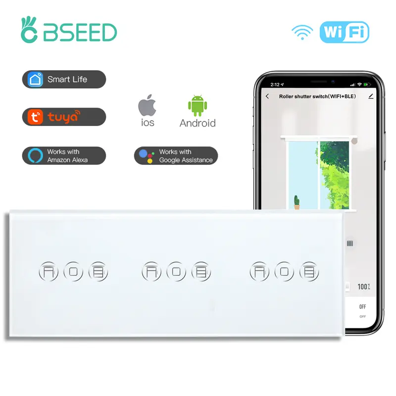BSEED Wifi Shutter Switches APP Control Led Smart Blind Series White Glass Panel Support Tuya Google Smart Life Roller Shutter 7