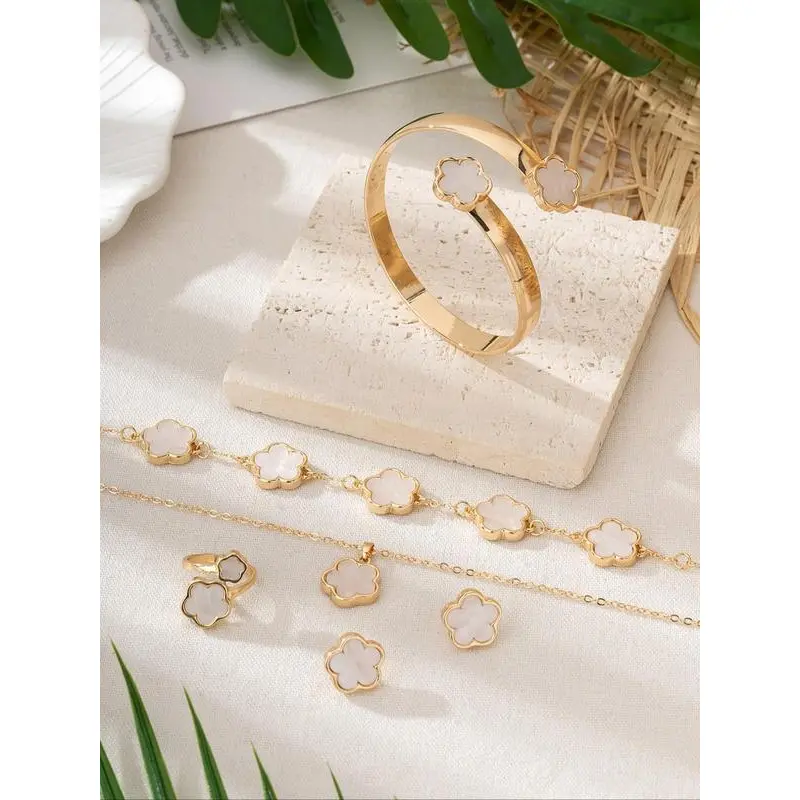 Lucky flower shaped jewelry set, 6 counts charm necklace & bracelet & Ring & stud earring 3