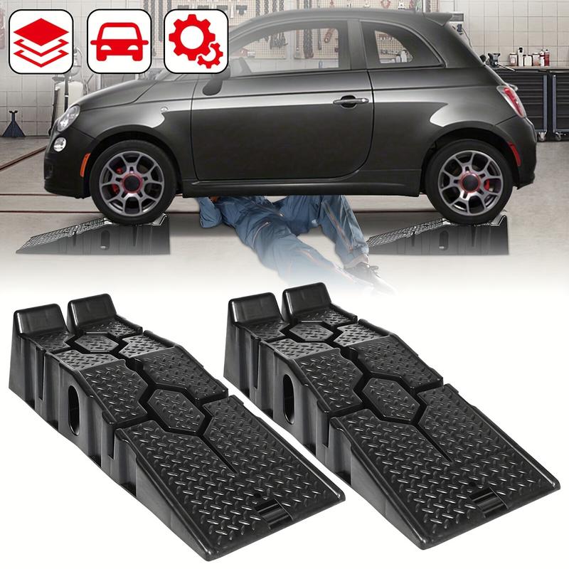 Product Introduction of Pair Of Heavy Duty 2.5 Ton Plastic Car Ramps Vehicle Lifting Ramps Portable Car Van Lift Lifter Car Repair Low Slope With Front Stopper For Car Maintenance, Non-Slip Traction Surface, 5 Ton Capacity In Total 1