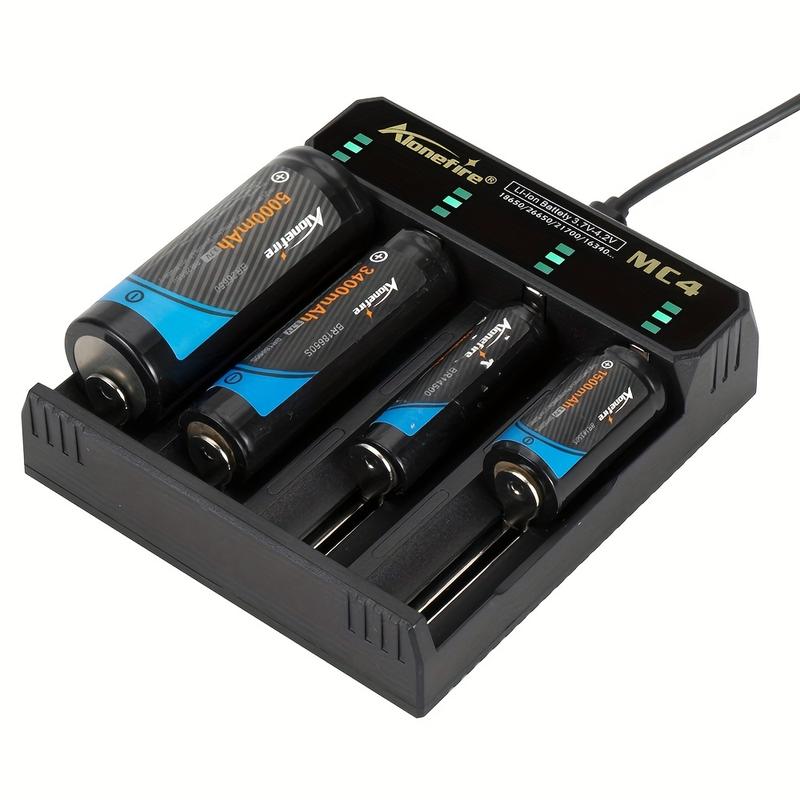 Alonefire MC4 Compact 4-Channel USB Quick Charger, 5V 2A - Matte Black, Automatic Stop for Li-ion Batteries (26650/16340/14500/21700/18650/10440) - Perfect for Flashlights, Headlamps, E-cigs with Type-C & Micro-USB Compatibility 4