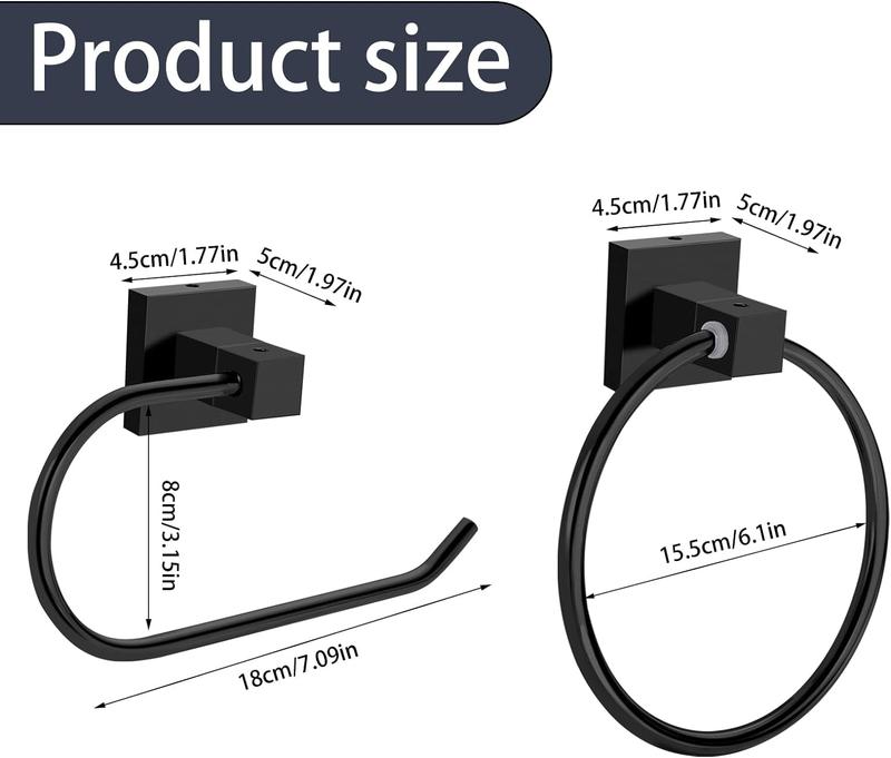 Product Introduction of 2 Packs Toilet Roll Holder, Black Toilet Paper Holder Towel Ring Stainless Steel Wall Mounted Towel Holder Bathroom Accessories 1