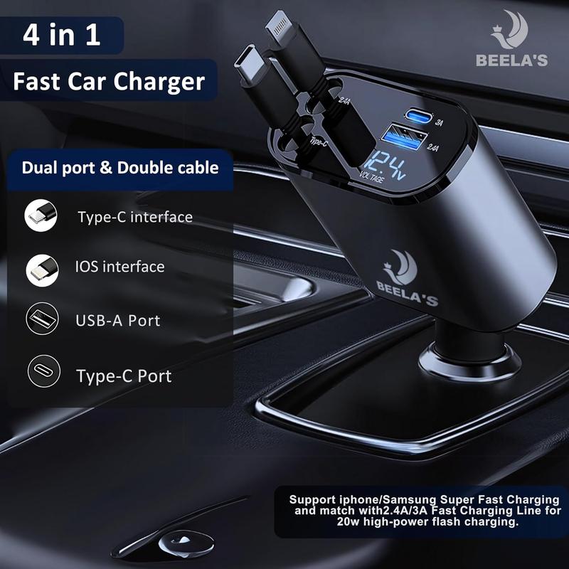 120W Retractable Car Charger, 4 in 1 Fast Car Charger Adapter with USB/USB-C Ports & 2 Retractable Cables, Car Phone Charger For iPhones, Samsung Galaxy, Google Pixel, Sony, Xiaomi, OnePlus 2