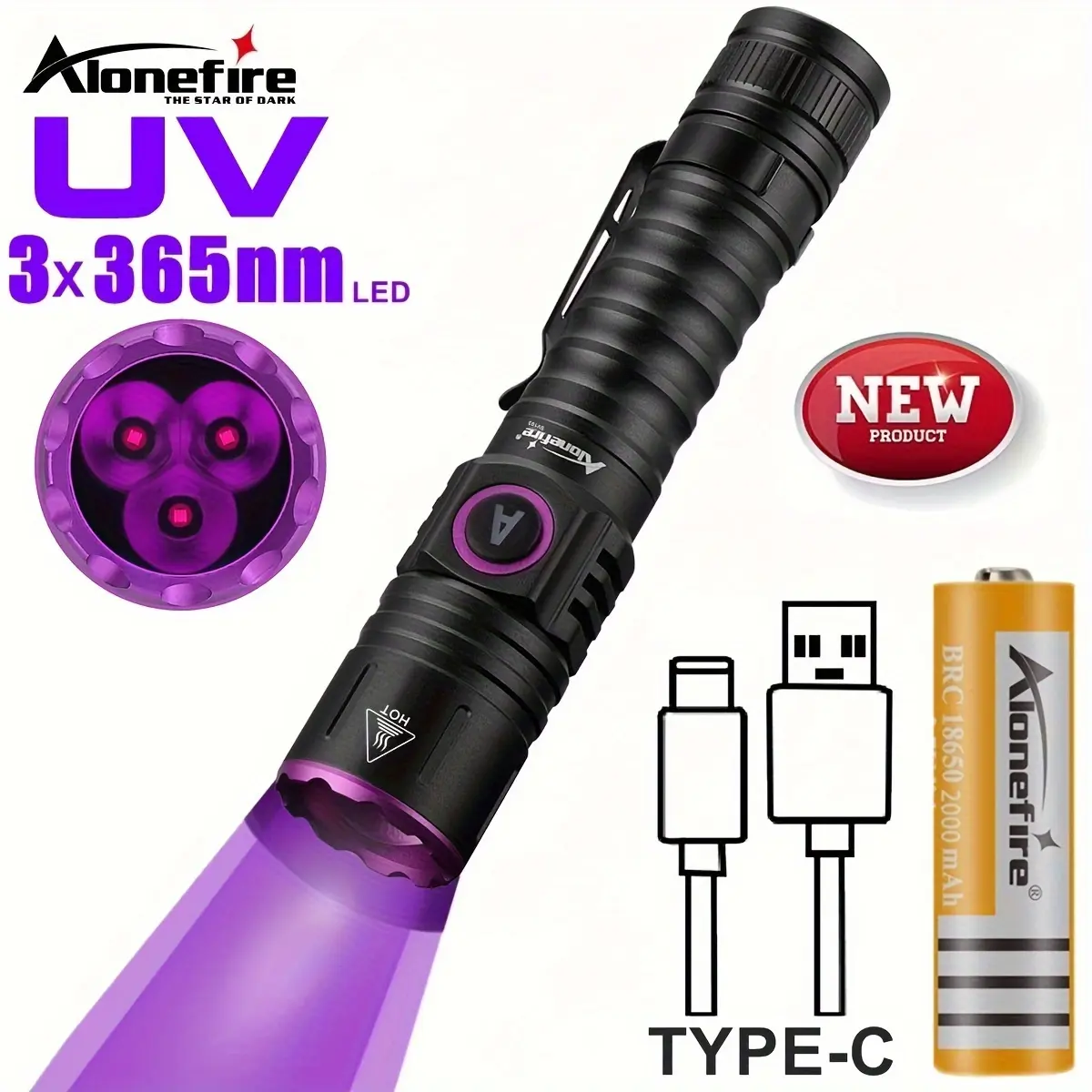 1pc 3xLed 15W 365nm High Power UV Blacklight Flashlight, Bright Ultraviolet Invisible Ink Marker Resin Curing Cat Tinea Pet Urine Stain Leakage Ore Money Scorpion Fluorescent Detection Lamp TYPE-C USB Rechargeable Handheld Purple Light