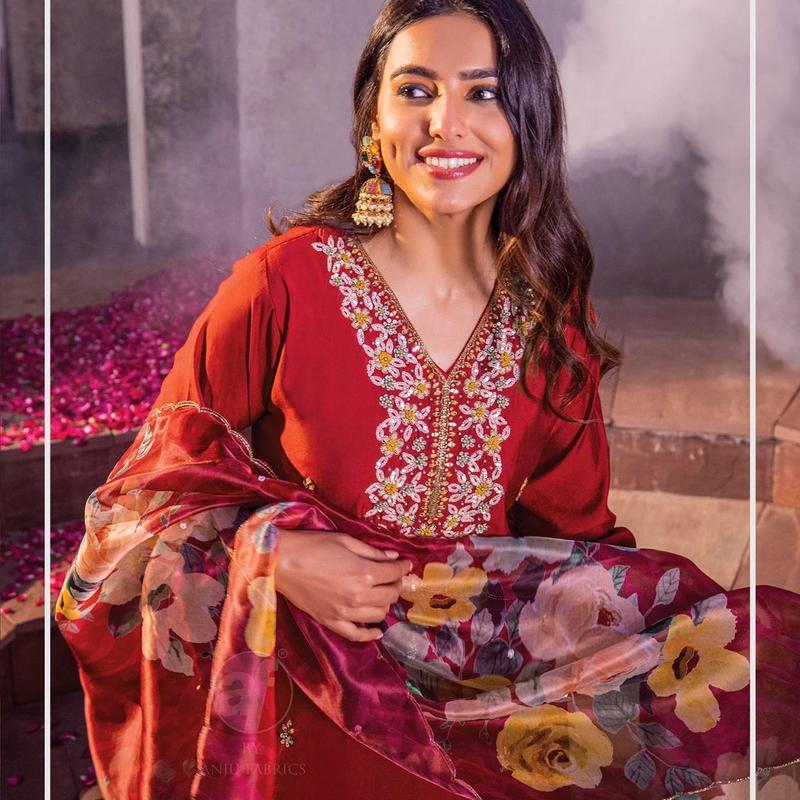 LUXURY VISCOSE MODAL SILK DESIGNER SUIT WITH PURE HANDWORK. SIZE 38 TO 44 5