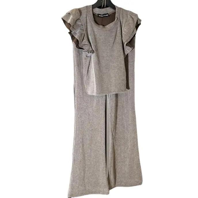 Women's Top & Trousers Set Two Piece Flare Full Set Frill Short Ribbed Womenswear Overalls Suits Comfort Casual Shortsleeve Underwear Basic Minimalist 3