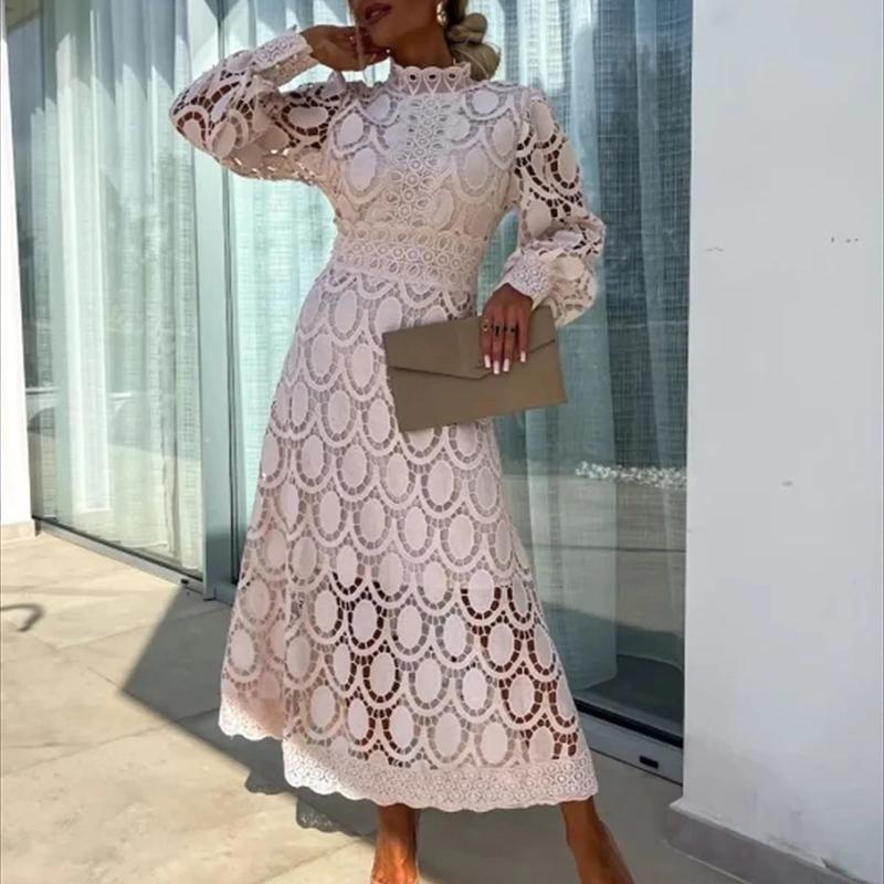 Lady Elegant New Lace Dress Stand Collar Lantern Long Sleeve Slim Vestidos Waist Temperament Fashion Office Commute Leisure Home 0