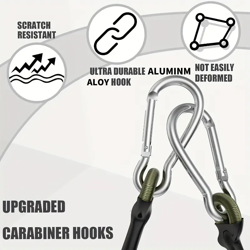 4pcs Heavy Duty Bungee Cords with Carabiner Hooks – 12 Inch Flexible Elastic Rope for Camping, Luggage, Cargo & More – Green, Black, Gray, White Straps with Metal Hooks, Durable and Versatile for Securing Loads, Travel Bag Strap Bungees 1