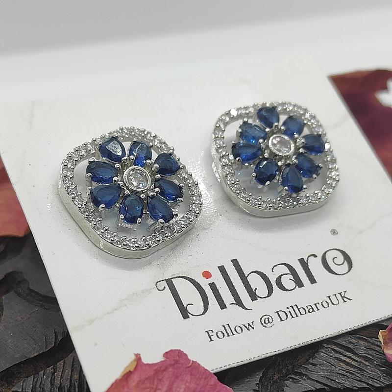 Product Introduction of Dilbaro Silver Plated Zircon Stud Earrings AD Earrings AD Studs Premium Jewellery Green and Blue stone Ethnic Jewellery 2
