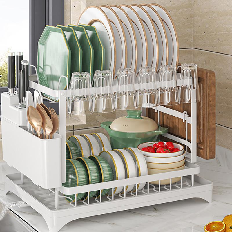 Product Introduction of 2 Tier Sink Dish Drainer Rack with Drip Tray Plate Rack Cutlery Holder for Kitchen Organiser 7