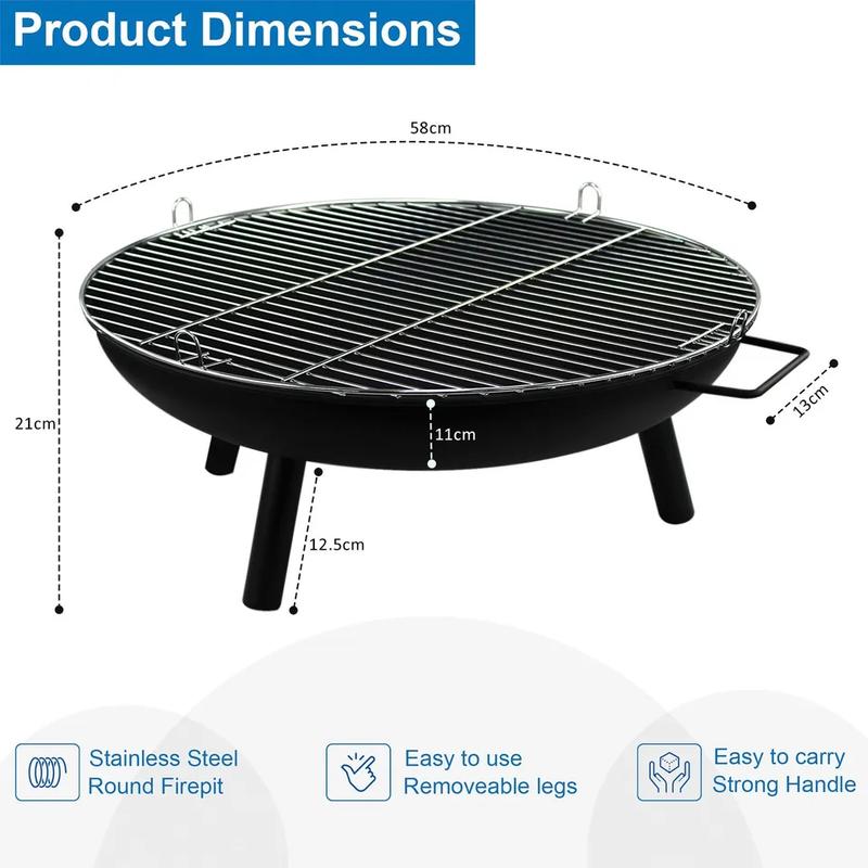 23" Large Round Steel Fire Pit Garden Patio Camping Heater Burner Bowl BBQ Gril Outdoor Fire Pit, Garden Patio Heater Charcoal Log wood Burner for BBQ Camping Picnic Patio Steel Fire Bowl Grill 2