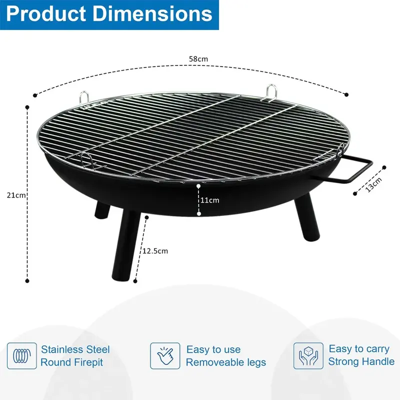 23" Large Round Steel Fire Pit Garden Patio Camping Heater Burner Bowl BBQ Gril Outdoor Fire Pit, Garden Patio Heater Charcoal Log wood Burner for BBQ Camping Picnic Patio Steel Fire Bowl Grill 1