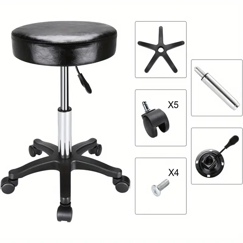 Round Rolling Stool Chair PU Leather Adjustable Swivel Stool 360° Rotatable Hydraulic SPA Salon Tattoo Work Office Chair Modern Industrial Metal Style Work Massage Stools on Wheels (Black) 3
