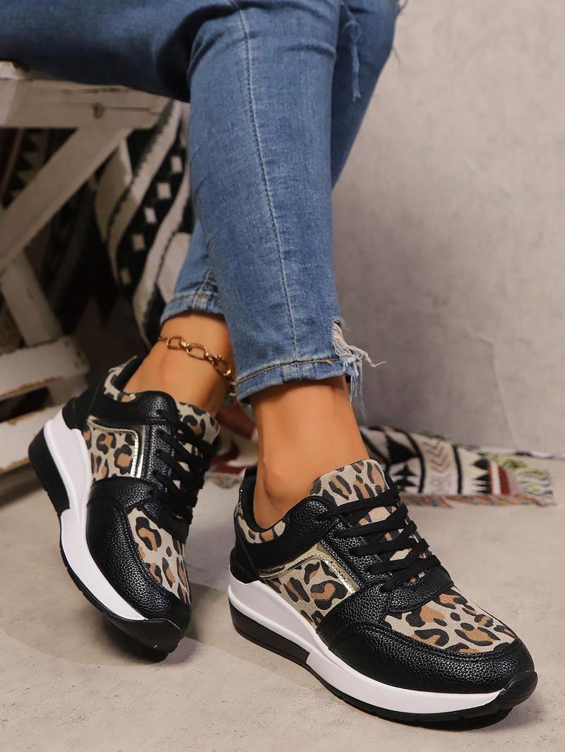 Product Introduction of Women's Wedge Platform Sneakers, Casual Non-Slip Lace-Up Leopard Print Sporty Shoes, Retro Mixed Color Comfy Low-Top Outdoor Leisure Fashion Sneakers, Shoes For Women Footwear Girl 17