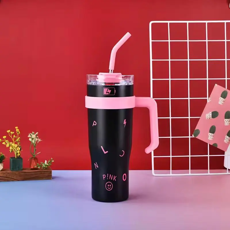 40oz Pink and Black Insulated Tumbler with Handle and Straw - Stainless Steel Leak-Proof Travel Mug, Coffee Cup for Hot and Cold Beverages  Drinkware Flasks Lid Portable Drink Water Bottles glasses Stylish Bottled 3