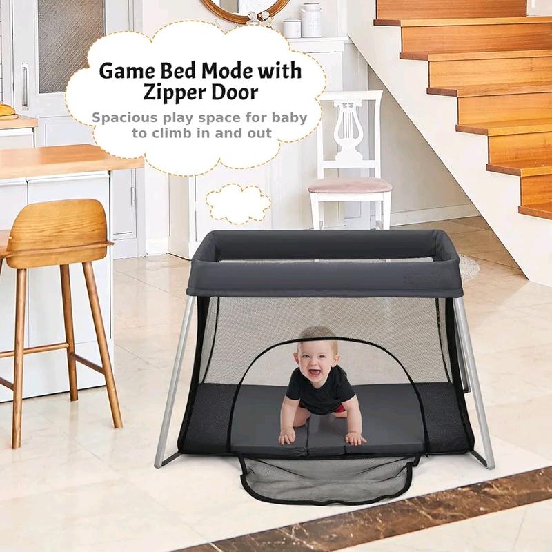 Maxmass Foldable Baby Playpen with Zipper Door, Mattress and Carry Bag - Portable Infants Crib Bed for Newborns Toddlers (Gray) 2